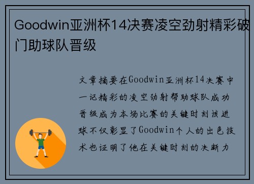 Goodwin亚洲杯14决赛凌空劲射精彩破门助球队晋级